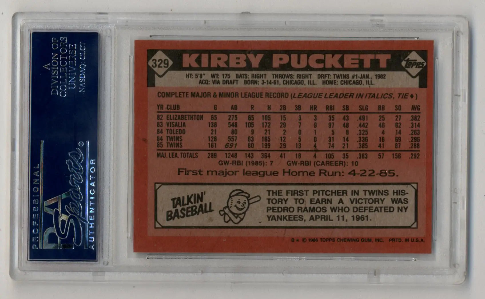 Kirby Puckett 1986 Topps #329 Gem Mint trading card in protective case with stats