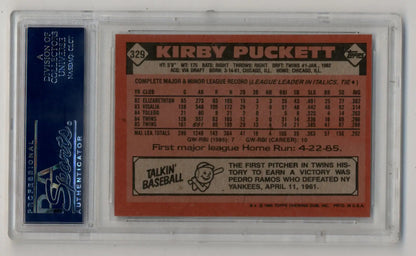 Kirby Puckett 1986 Topps #329 Gem Mint trading card in protective case with stats