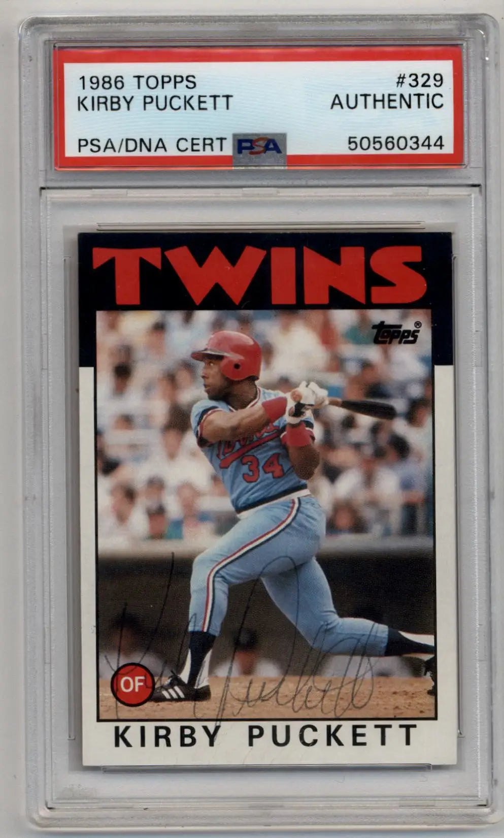 PSA-graded 1986 Topps Kirby Puckett baseball card in protective case for Topps Auto PSA