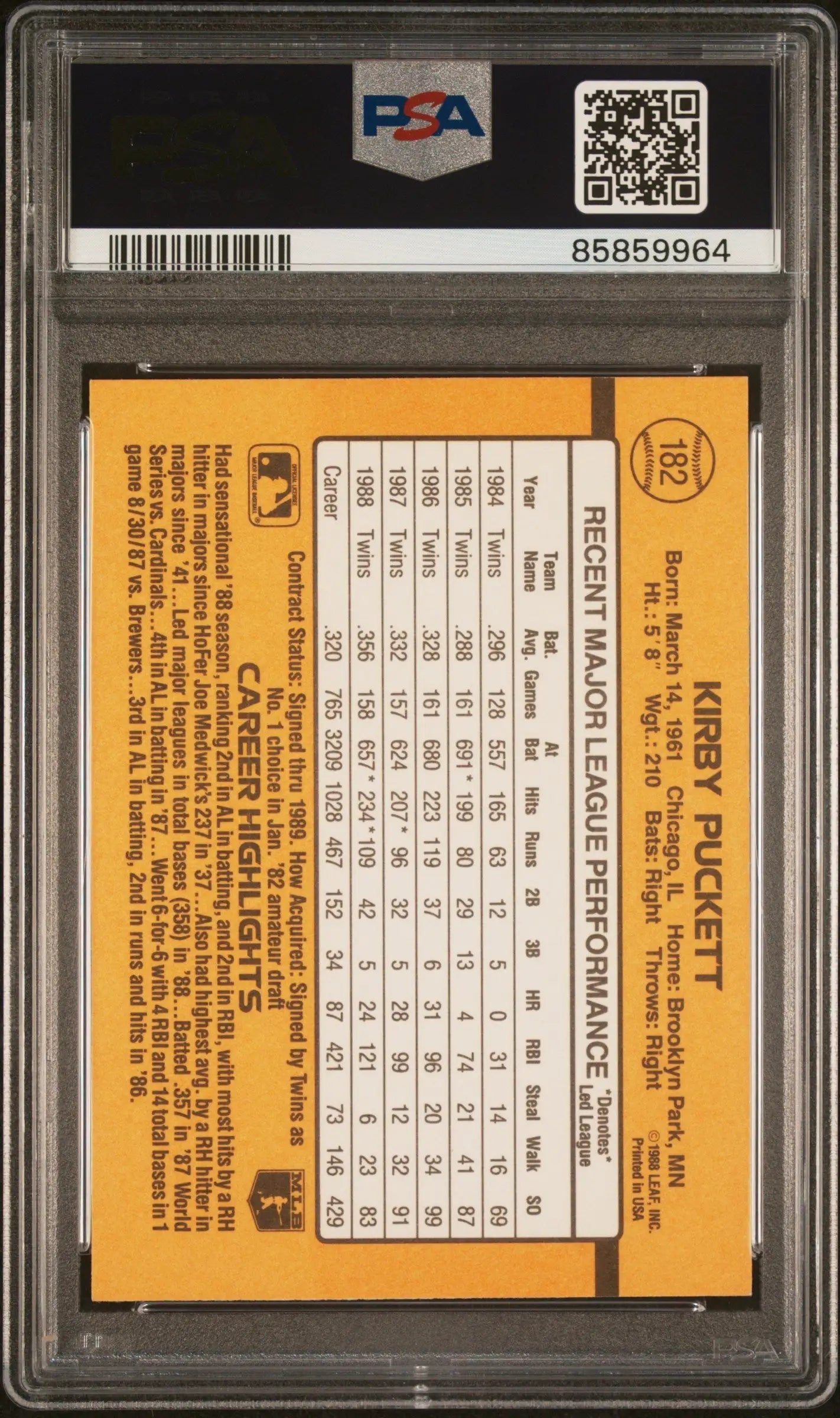 Back of Kirby Puckett 1989 Donruss #182 Autograph PSA Authentic card on orange background