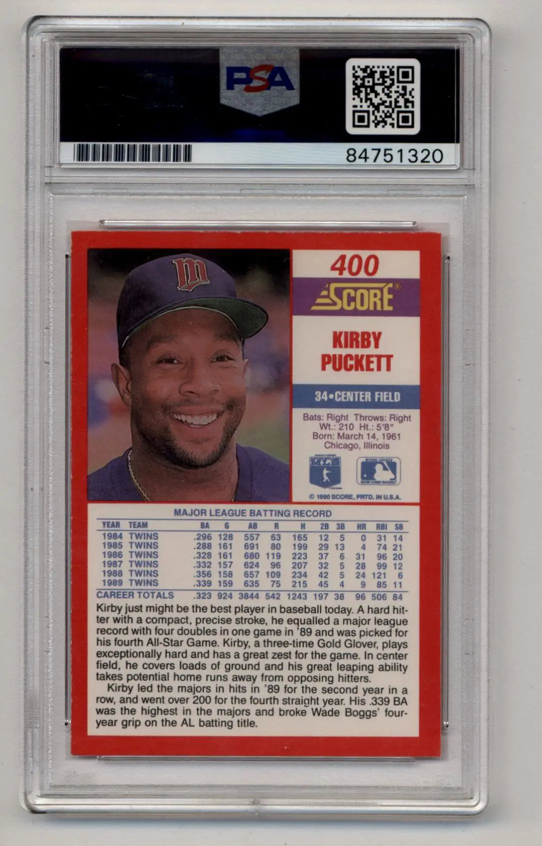 PSA DNA certified Kirby Puckett 1990 Score #400 Auto card with player stats on back
