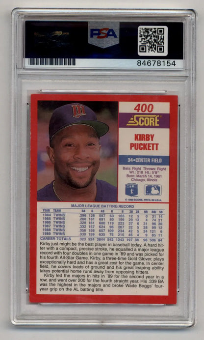 PSA-graded Kirby Puckett 1990 Score #400 Auto PSA/DNA Certified baseball card in case