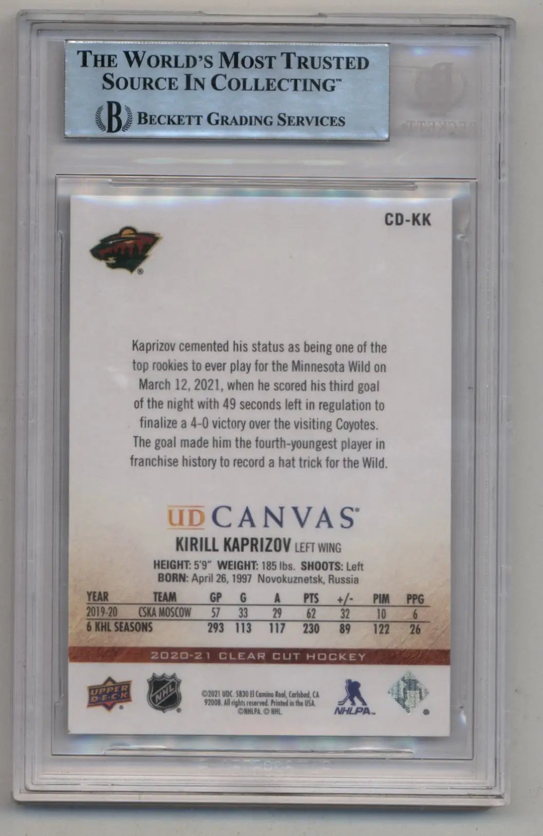 Graded Kirill Kaprizov Clear Cut Canvas card in protective case with trusted source text
