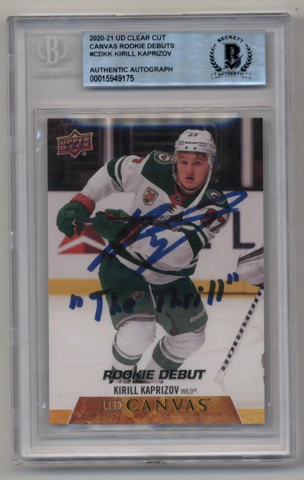 Signed Kirill Kaprizov Clear Cut Canvas trading card in protective case