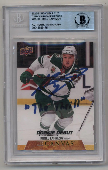 Signed Kirill Kaprizov Clear Cut Canvas trading card in protective case