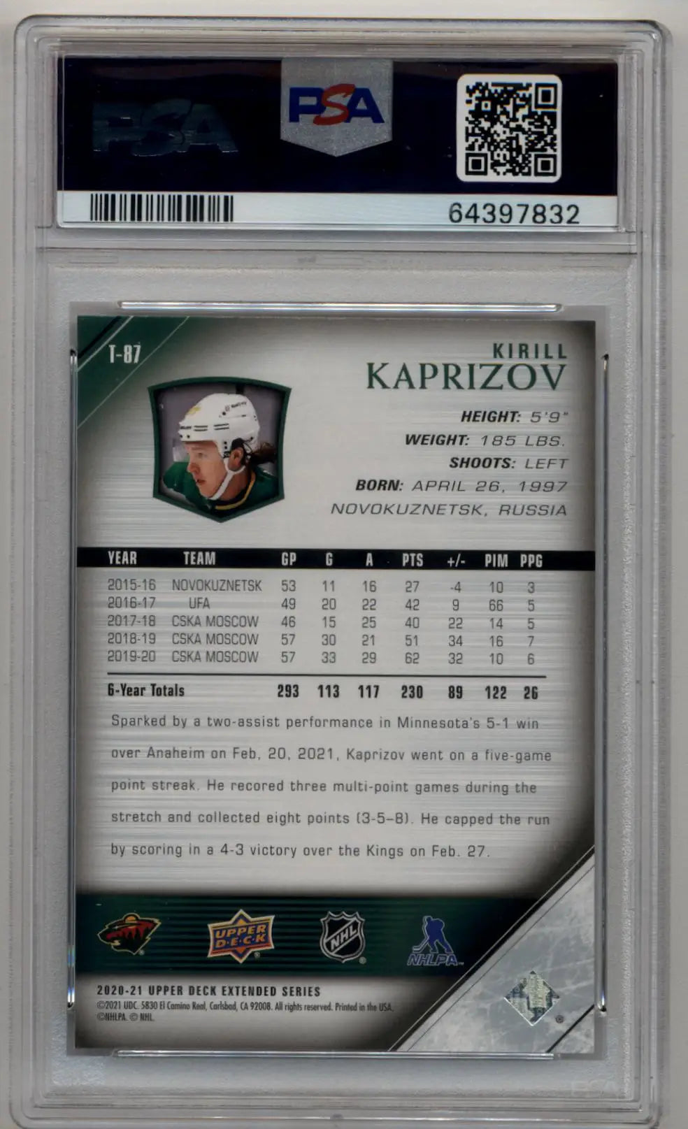 Kirill Kaprizov 2020-21 Upper Deck ’05-06 Upper Deck Tribute #T87 Young Gun PSA 10 Gem Mint - Singles