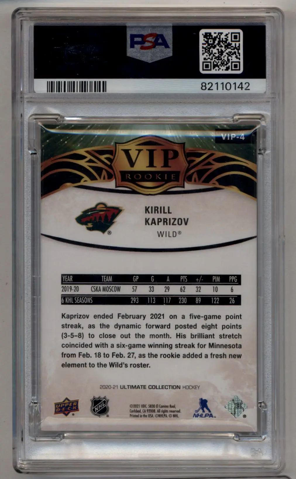 PSA-graded back of Kirill Kaprizov 2020-21 Upper Deck Ultimate Collection VIP card