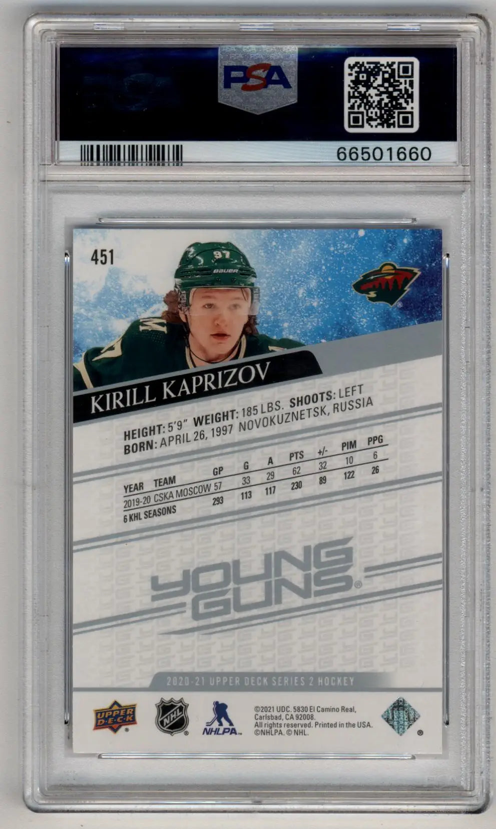 Kirill Kaprizov 2020-21 Upper Deck Young Gun #451 PSA 10 Gem Mint 1660 - Singles