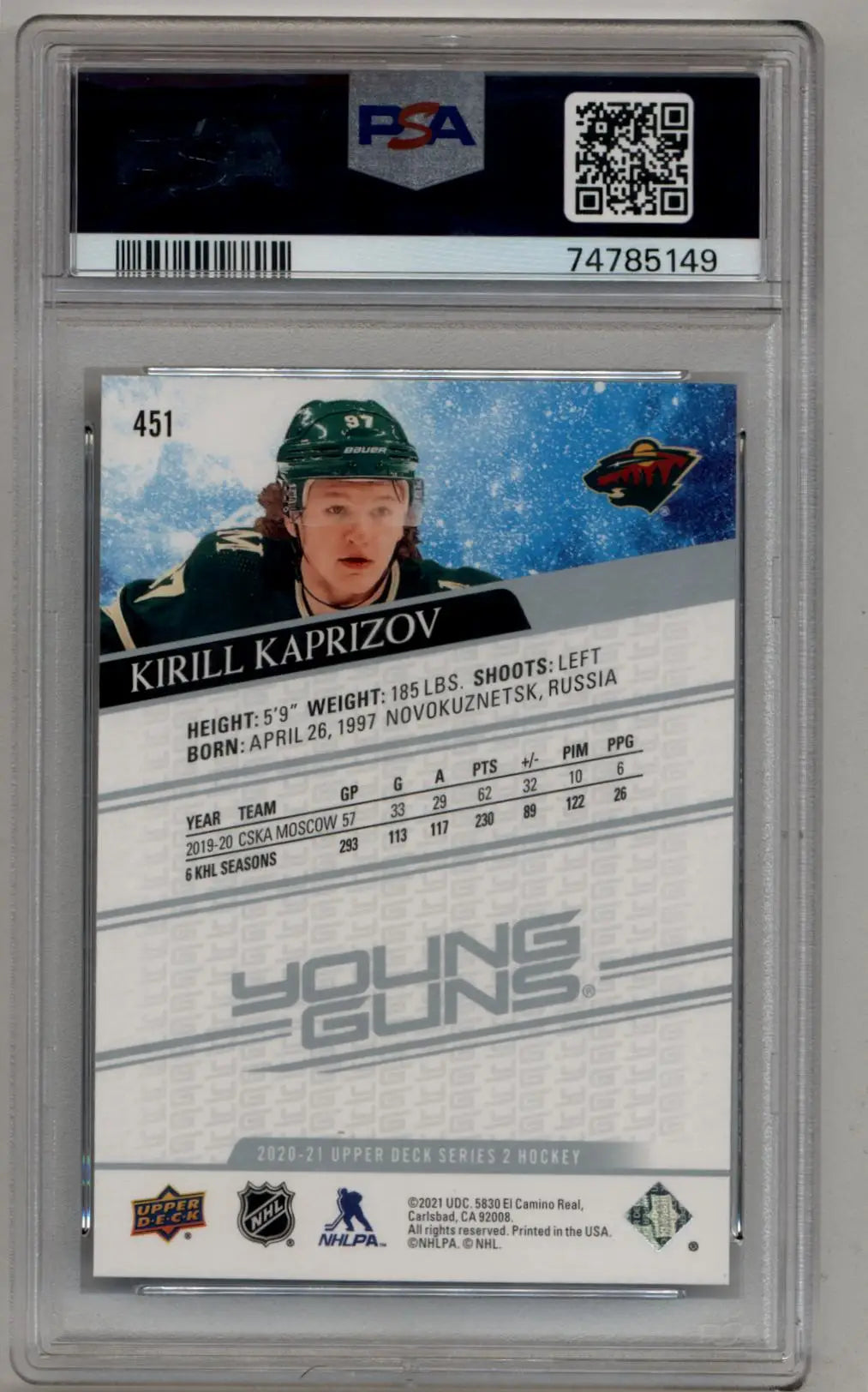 PSA-graded Kirill Kaprizov 2020-21 Upper Deck Young Gun #451 in Gem Mint condition