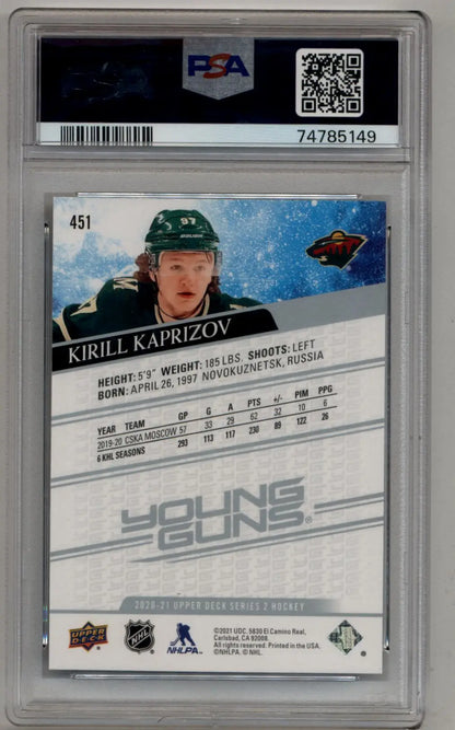 PSA-graded Kirill Kaprizov 2020-21 Upper Deck Young Gun #451 in Gem Mint condition