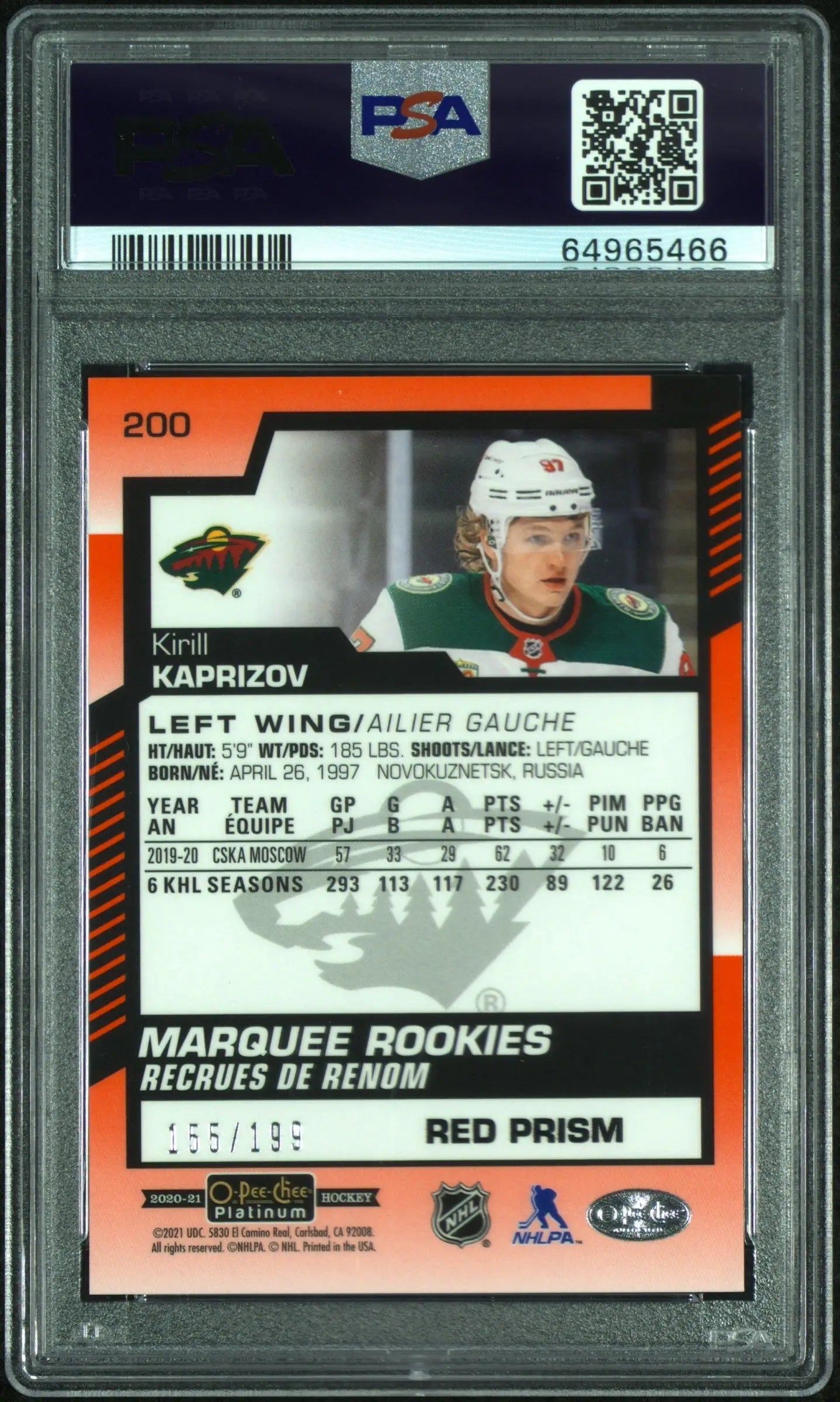 Kirill Kaprizov 2020 OPC Platinum #200 Red Prism PSA 9 Mint - Singles
