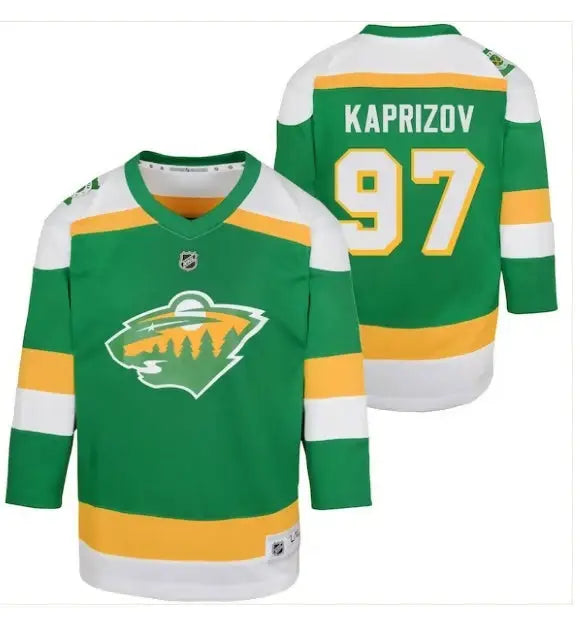 Green Minnesota Wild preschool jersey with gold and white details and Kaprizov 97 name and number