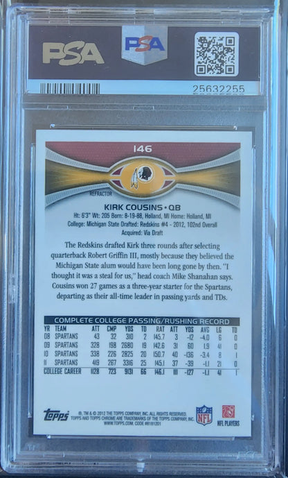 Graded Kirk Cousins football trading card from Topps Chrome Xfractor series in PSA 10 Gem Mint