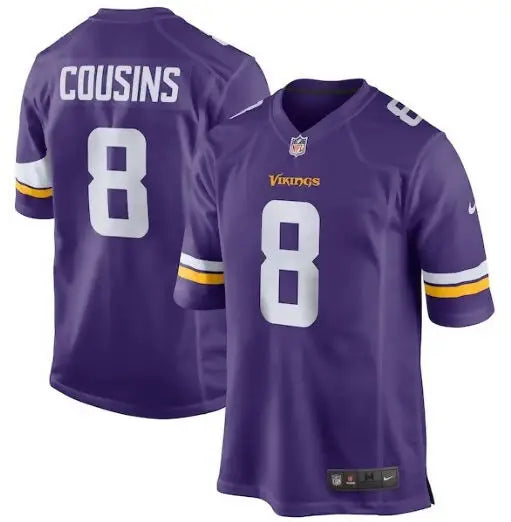 Purple Kirk Cousins Minnesota Vikings Nike game jersey with number 8 display