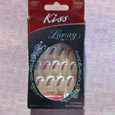 Kiss Luxury Magenta Feather Design Press-On Nails with purple and white feather pattern