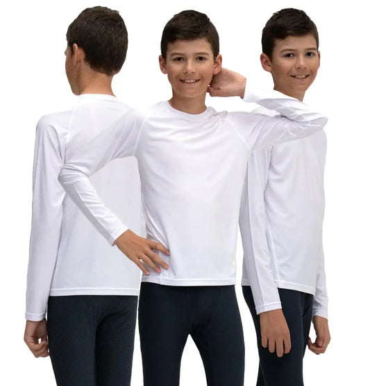 Three boys in white long-sleeved sports compression shirts ideal for water sports