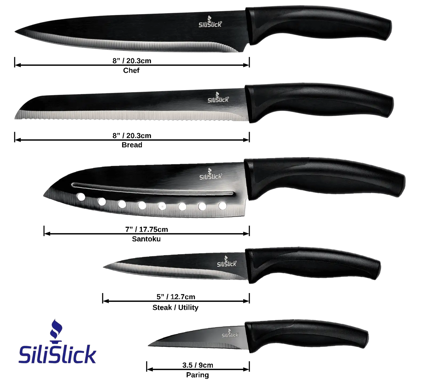 Kitchen Knife Set with black handles and stainless steel blades for professional cooking