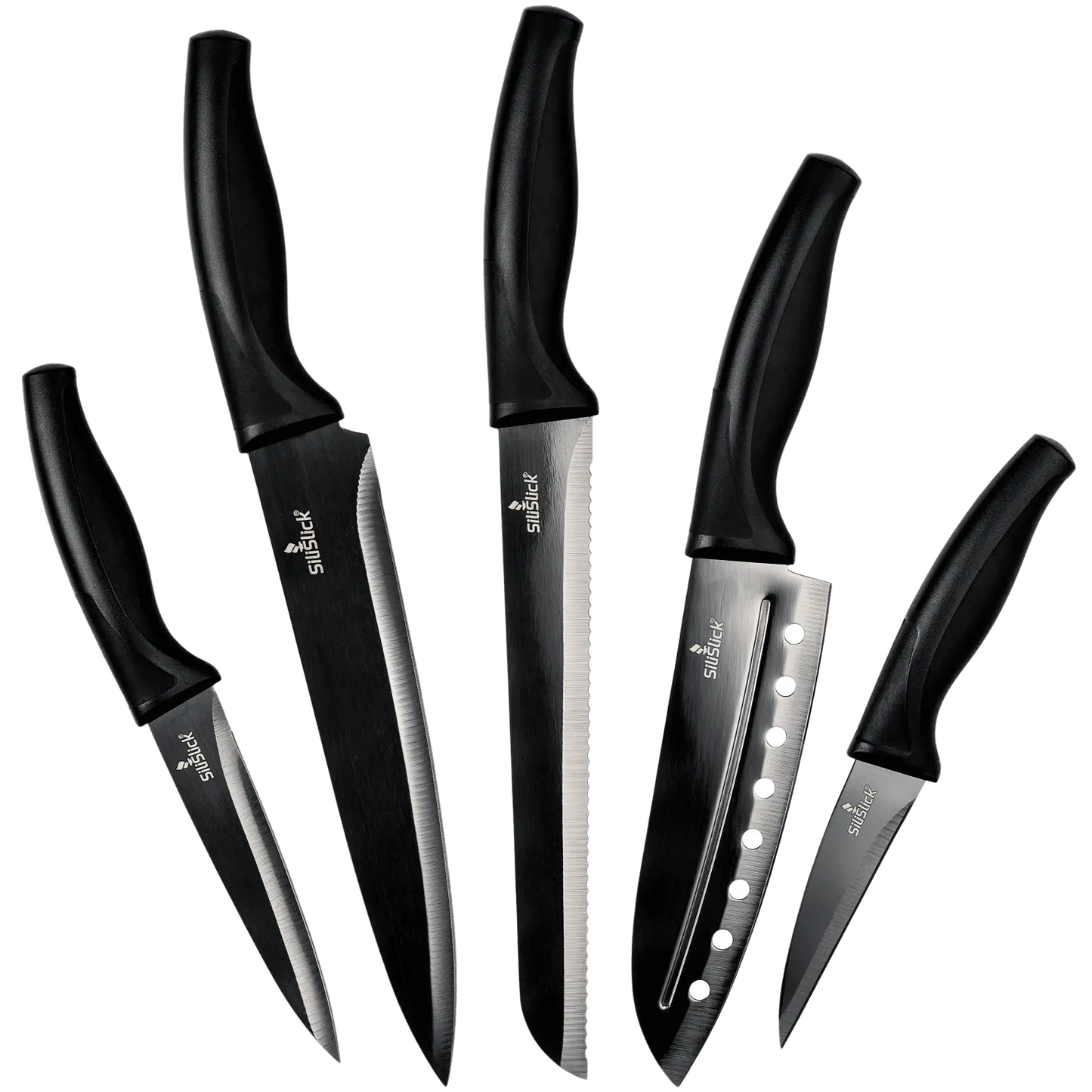Kitchen knife set with black handles and stainless steel blades for food grade stainless use