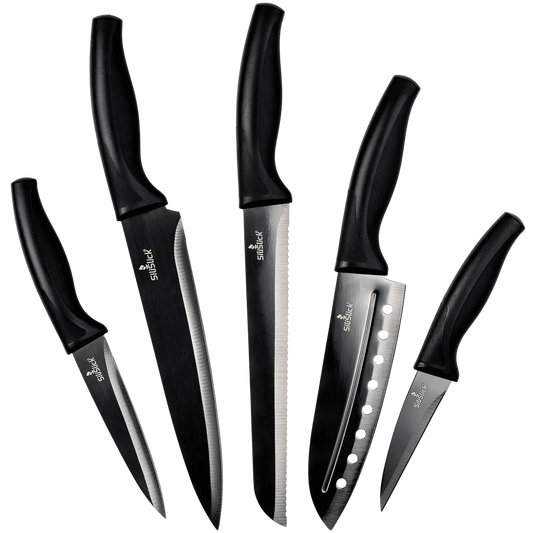Kitchen knife set with black handles and stainless steel blades for food grade stainless use