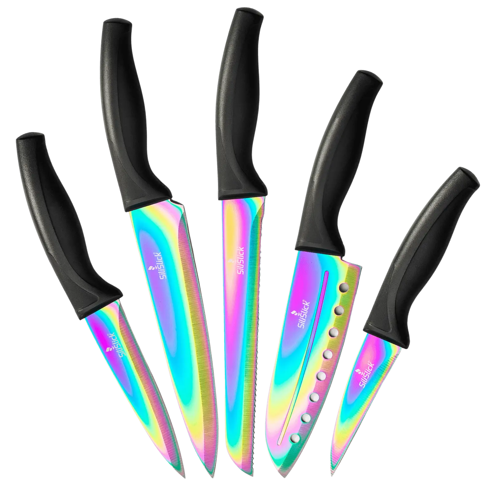 Iridescent rainbow-colored kitchen knife set with black handles for versatile kitchen use