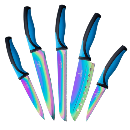 Iridescent rainbow-bladed kitchen knife set with blue and black handles, food grade stainless steel