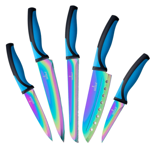 Iridescent rainbow-bladed kitchen knife set with blue and black handles, food grade stainless steel