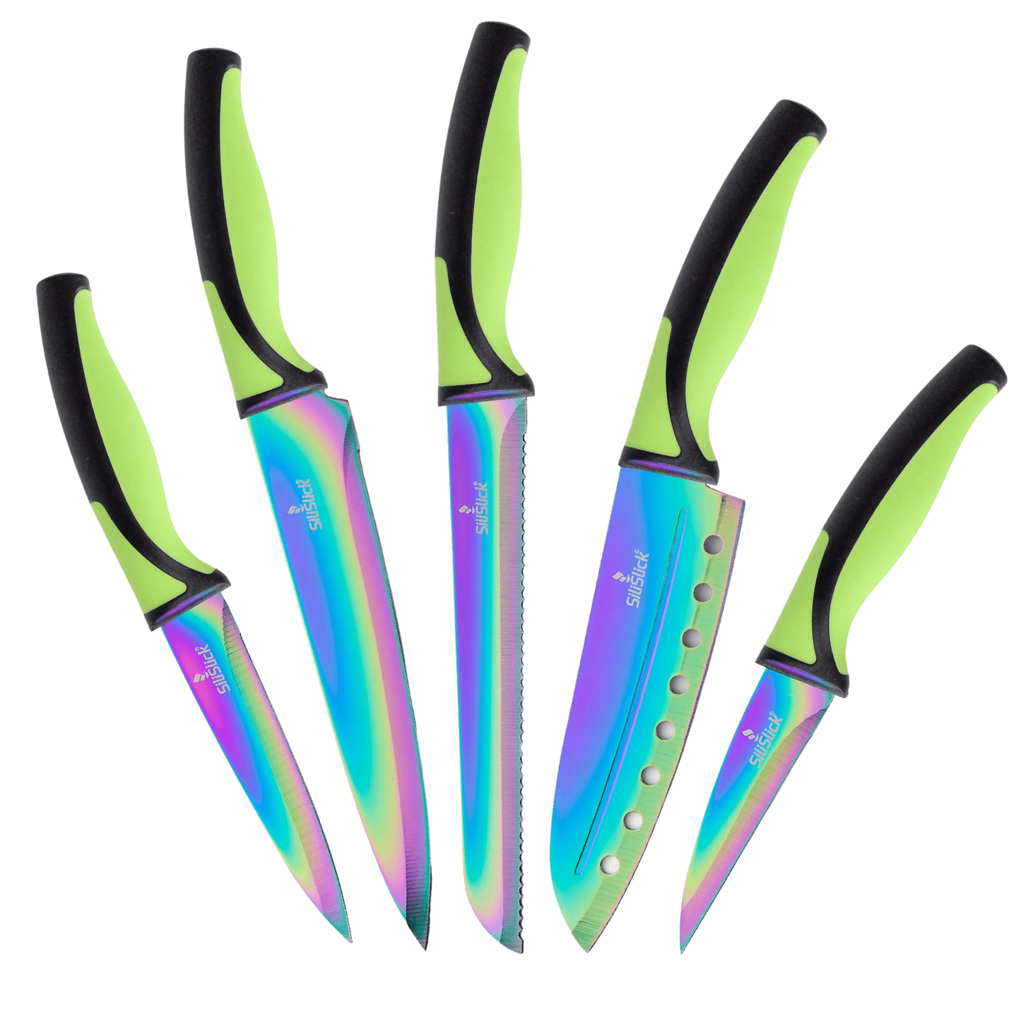 Iridescent kitchen knife set with black and lime green handles made of food grade stainless steel