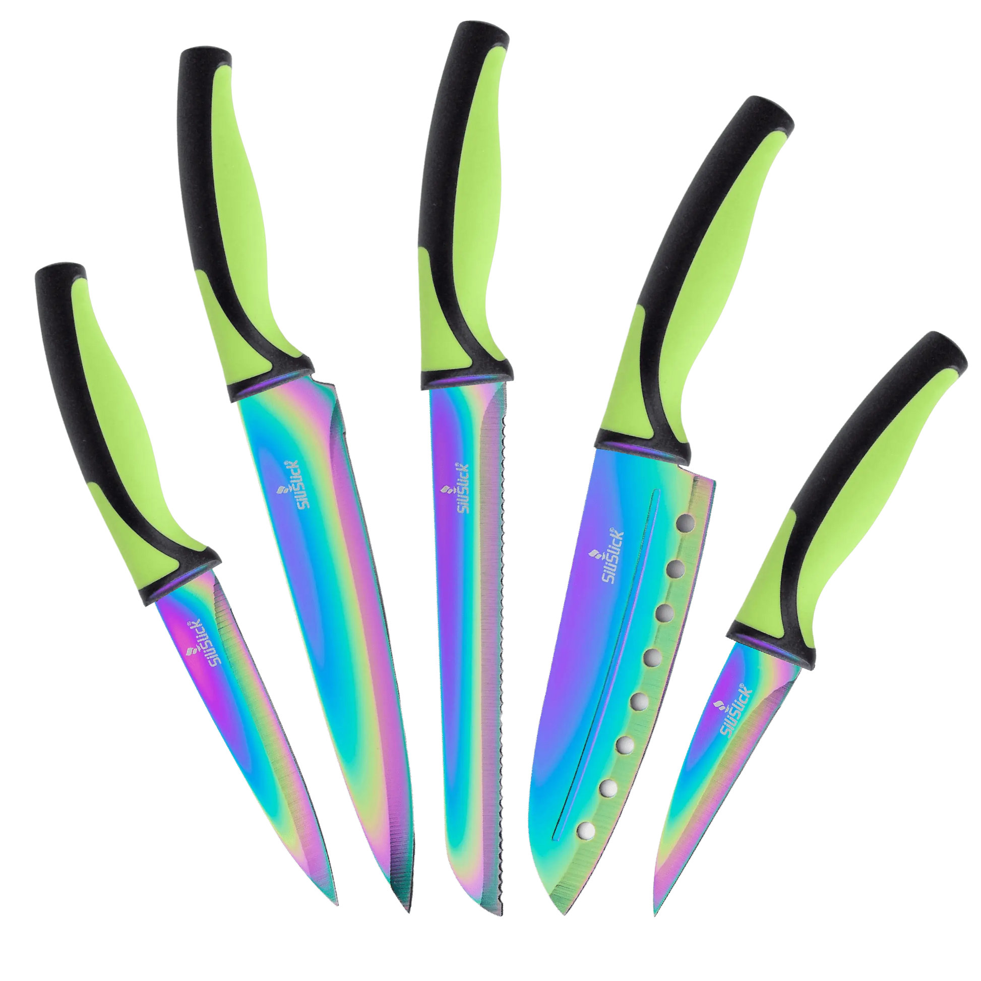 Iridescent kitchen knife set with black and lime green handles made of food grade stainless steel