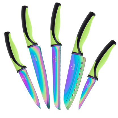 Iridescent kitchen knife set with black and lime green handles made of food grade stainless steel
