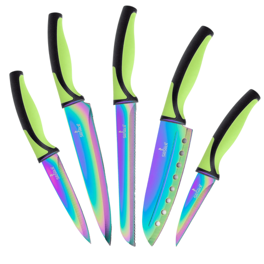 Iridescent kitchen knife set with black and lime green handles made of food grade stainless steel