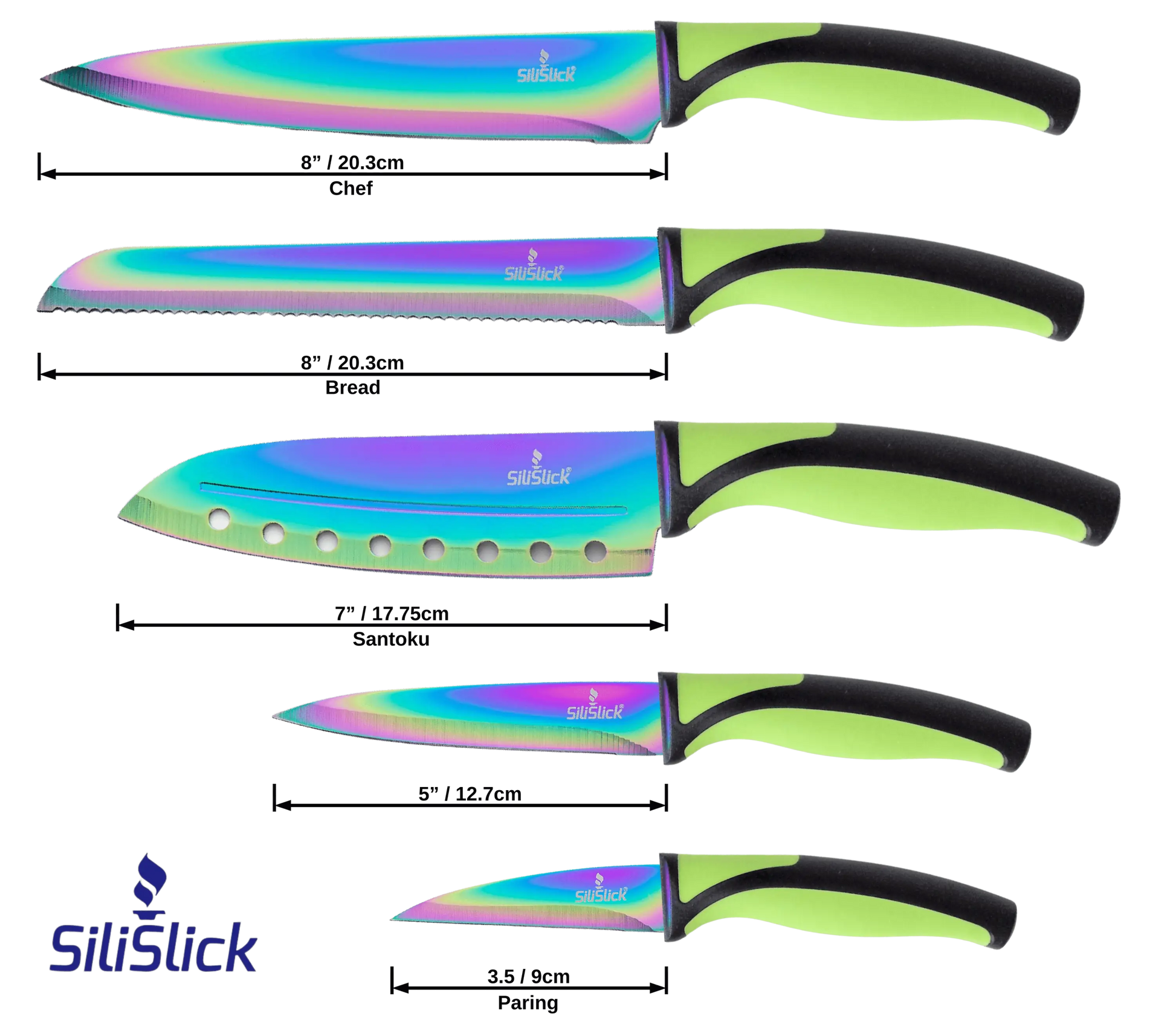 Iridescent rainbow-colored stainless steel kitchen knife set with neon green and black handles