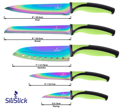 Iridescent rainbow-colored stainless steel kitchen knife set with neon green and black handles