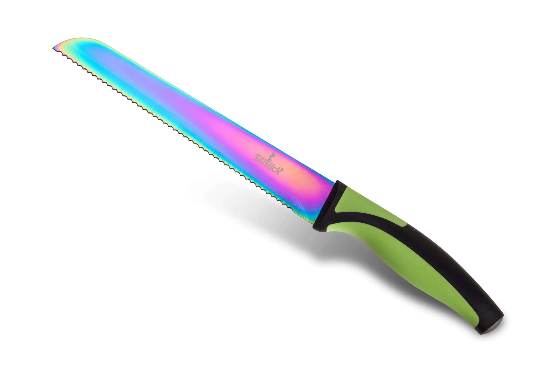Rainbow-colored serrated bread knife with green and black handle from Kitchen Knife Set, food grade stainless steel