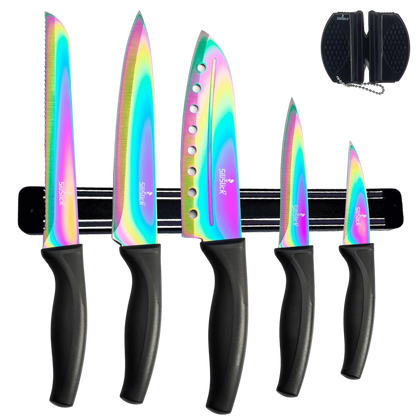 Iridescent rainbow-colored kitchen knife set with black handles on magnetic rack and sharpener