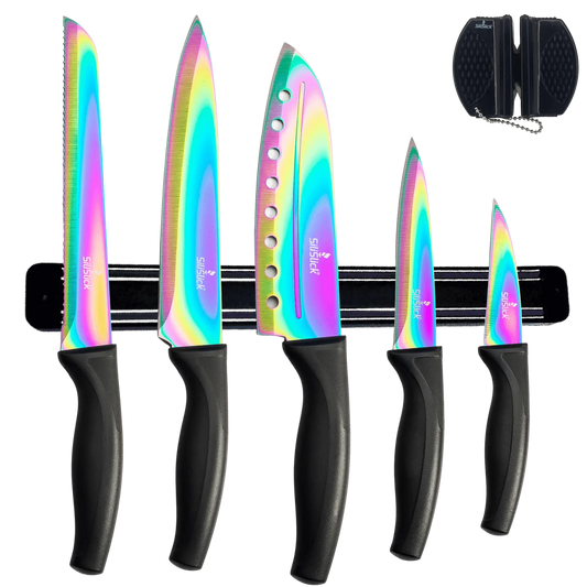 Iridescent rainbow-colored kitchen knife set with black handles on magnetic rack and sharpener