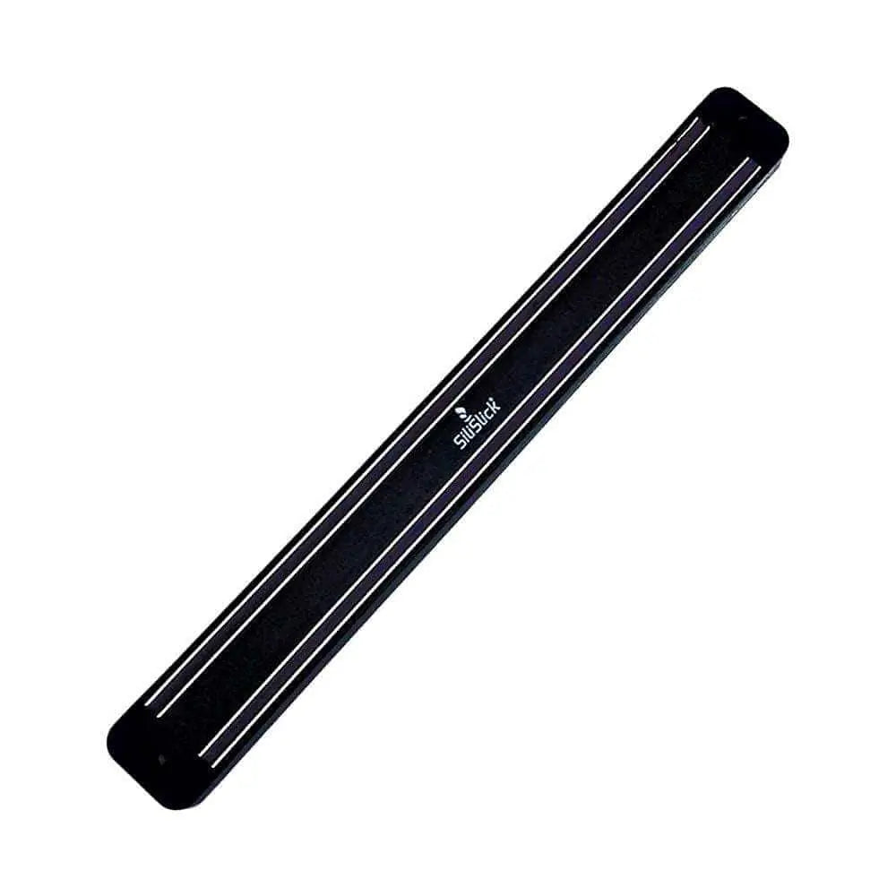 Black magnetic knife strip with white accents for kitchen knife set and knife organization