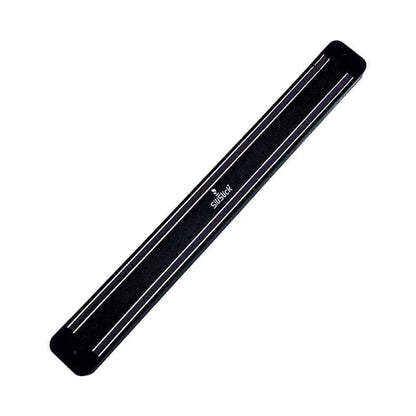 Black magnetic knife strip with white accents for kitchen knife set and knife organization