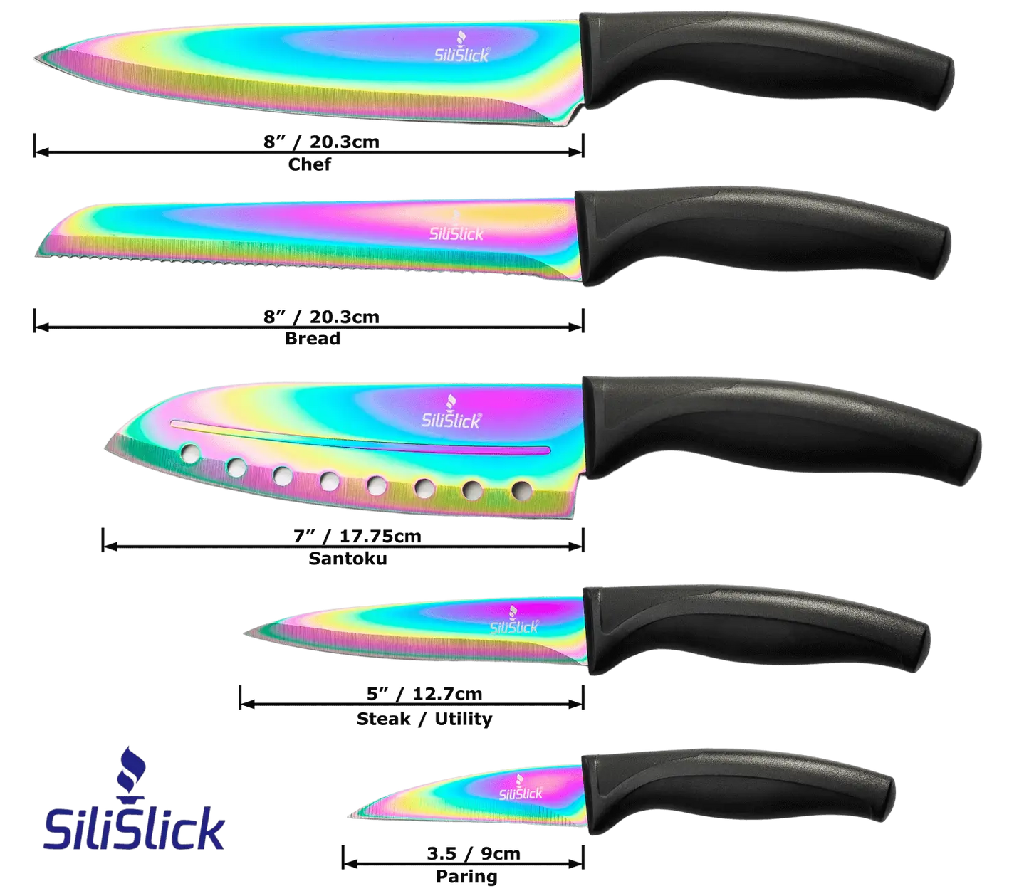 Colorful iridescent kitchen knife set with black handles on black magnetic rack
