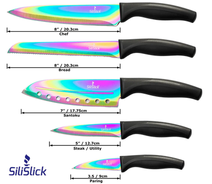 Colorful iridescent kitchen knife set with black handles on black magnetic rack