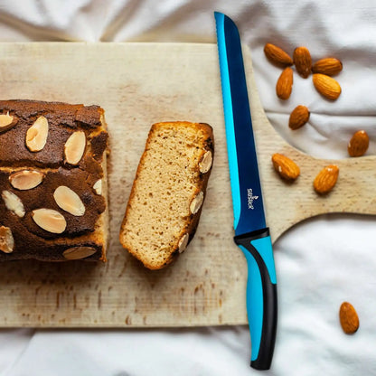 Blue and black serrated bread knife from Kitchen Knife Set Kit with light blue handle