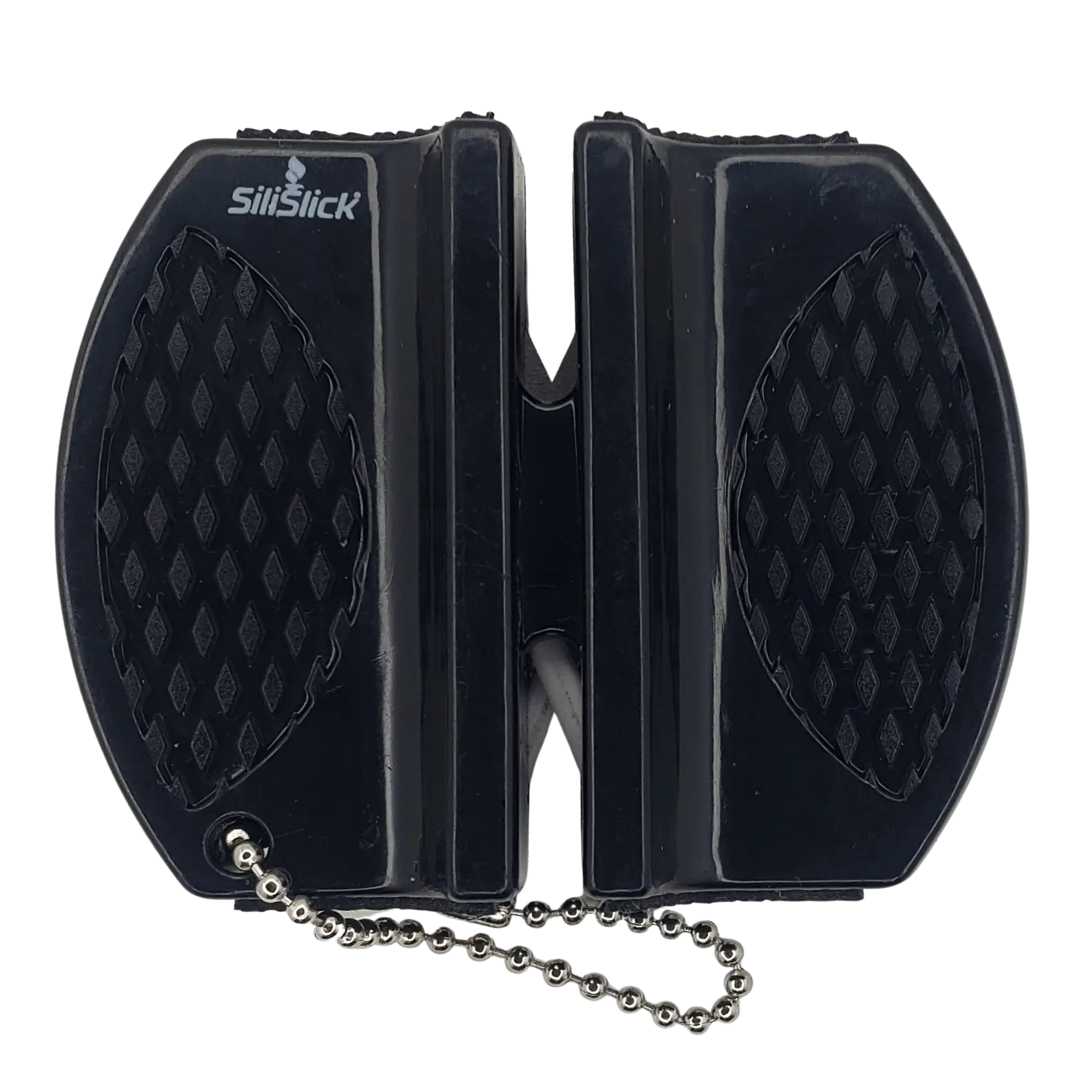 Dark gray knife sharpener with textured grips and ball chain for kitchen knife set kit