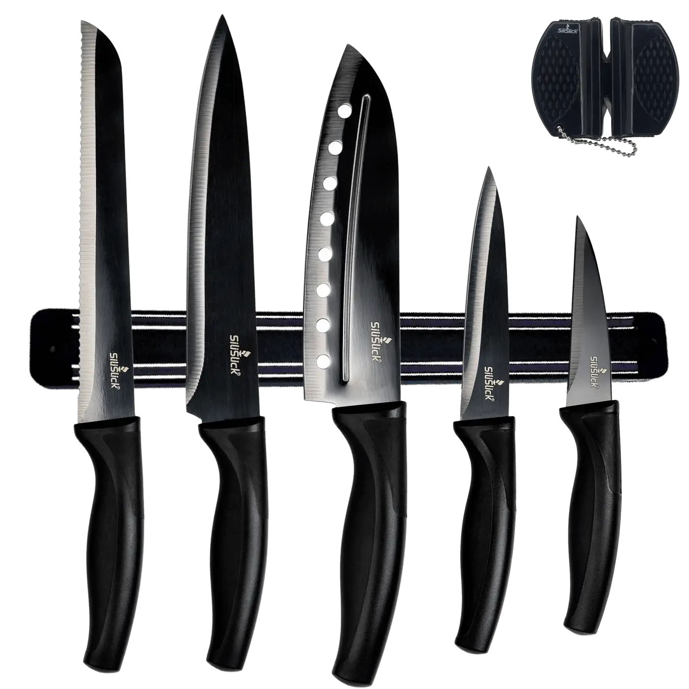 Black-handled kitchen knife set with magnetic rack and sharpener for professional cooking