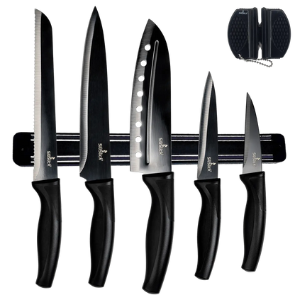 Black-handled kitchen knife set with magnetic rack and sharpener for professional cooking