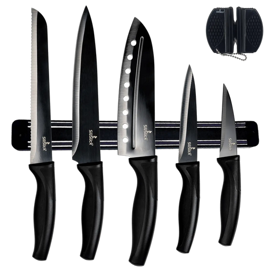 Black-handled kitchen knife set with magnetic rack and sharpener for professional cooking