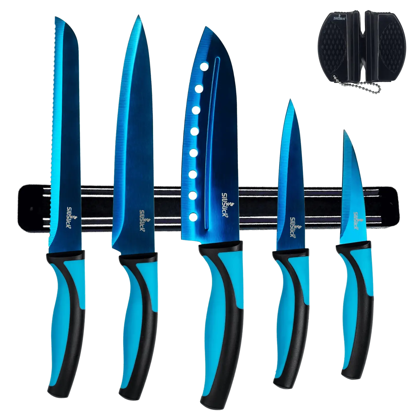Blue-bladed kitchen knife set with black and light blue handles on magnetic rack and sharpener
