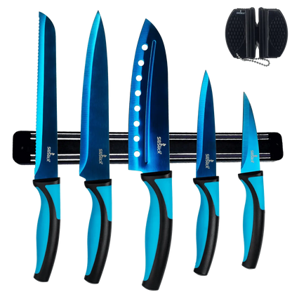 Blue-bladed kitchen knife set with black and light blue handles on magnetic rack and sharpener