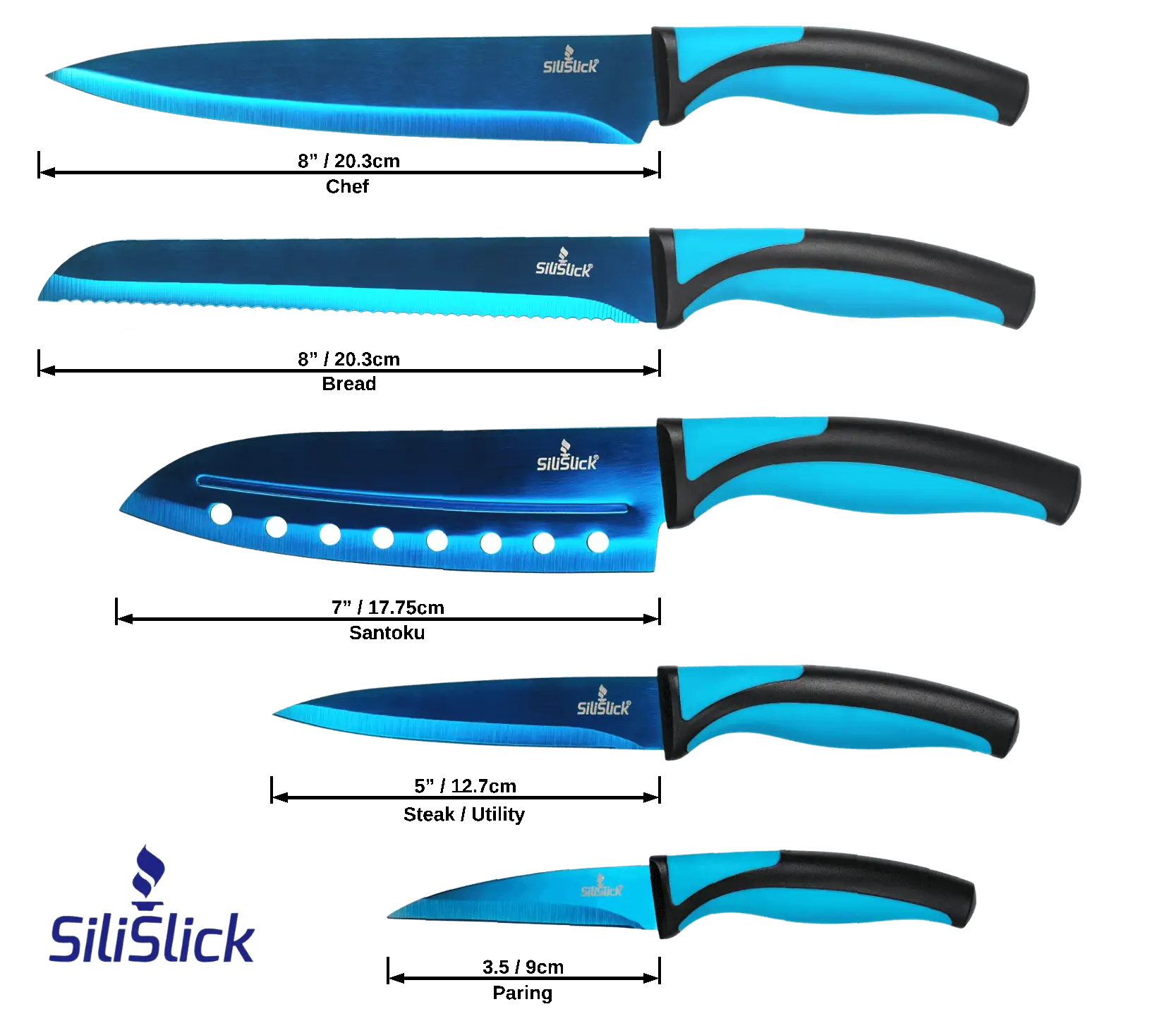 Blue-bladed kitchen knife set with ergonomic handles and magnetic rack in knife set kit