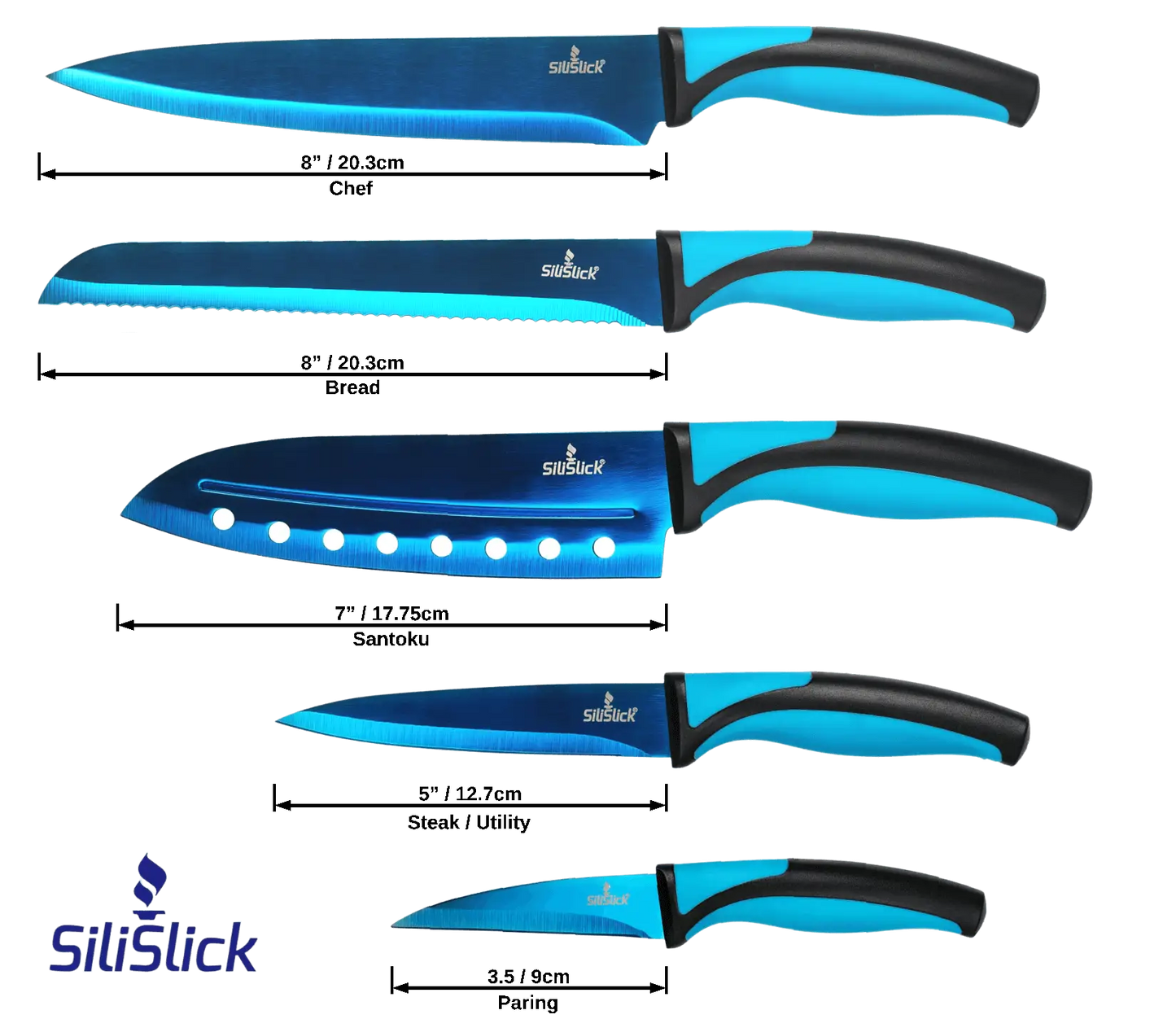 Blue-bladed kitchen knife set with ergonomic handles and magnetic rack in knife set kit