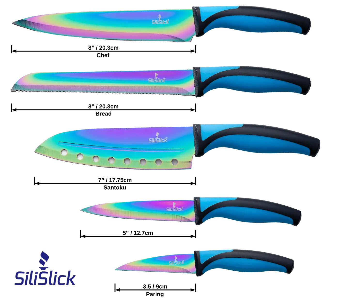 Iridescent kitchen knife set with blue and black handles in a stylish knife set kit