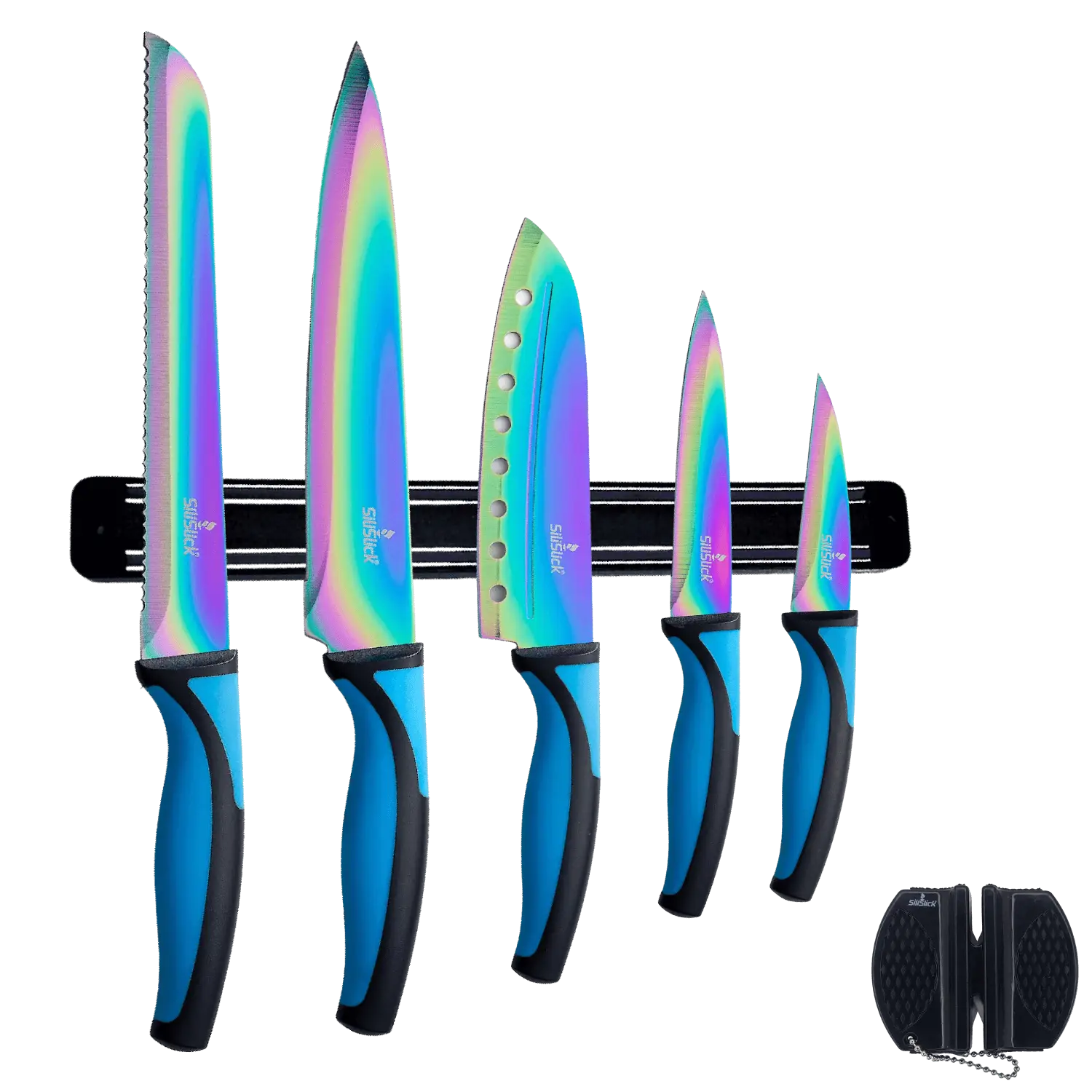 Colorful iridescent kitchen knife set kit with blue handles, black magnetic rack and sharpener